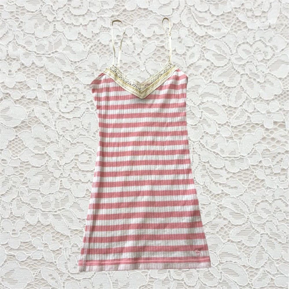 vintage y2k abercrombie & fitch pink stripe fitted cami tank top with lace trim